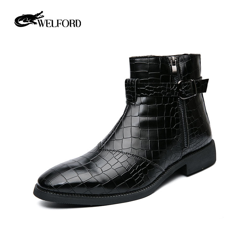 Pointed toe men's leather boots with crocodile pattern leather shoes