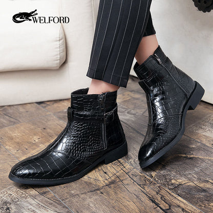 Pointed toe men's leather boots with crocodile pattern leather shoes