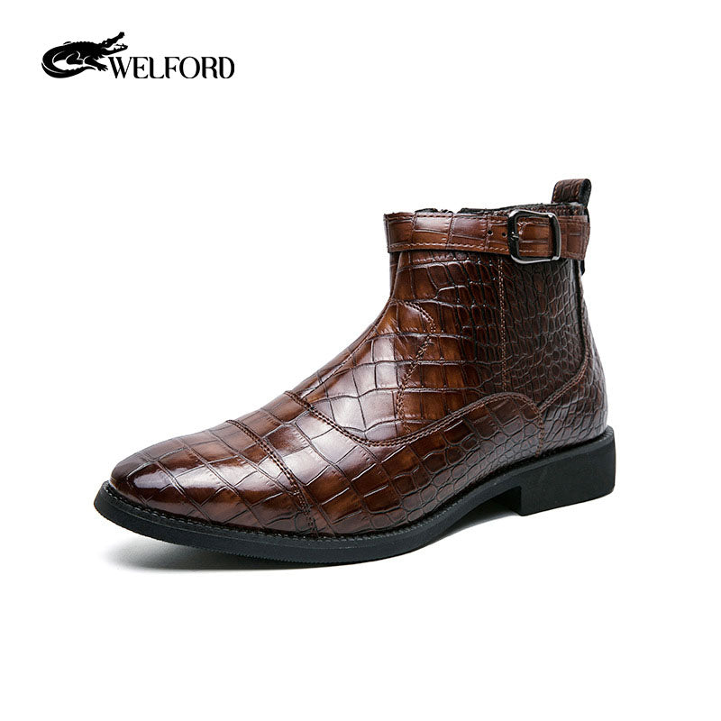 Men's crocodile pattern leather boots side zipper pointed leather shoes