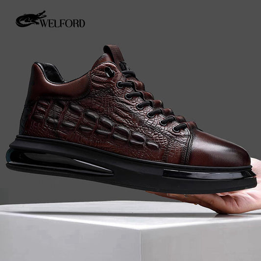 Men's crocodile print leather air cushion soft sole sneakers