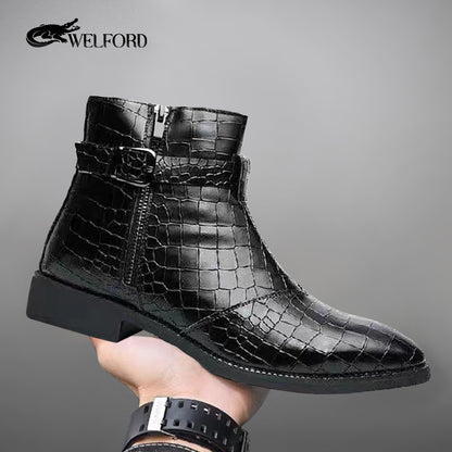 Men's crocodile pattern leather boots side zipper pointed leather shoes